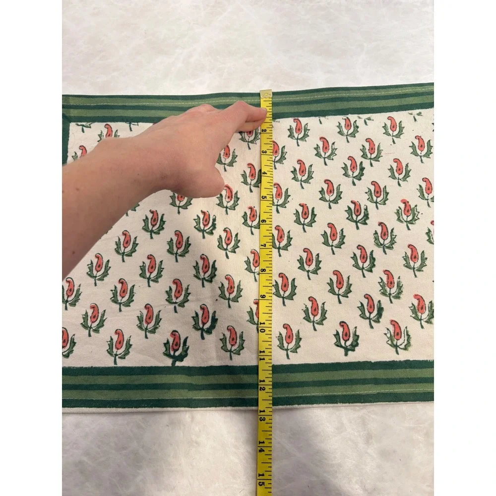 Vintage Set of‎ 6 Hand Block Print Placemats Green Red Paisley Cotton 18x12